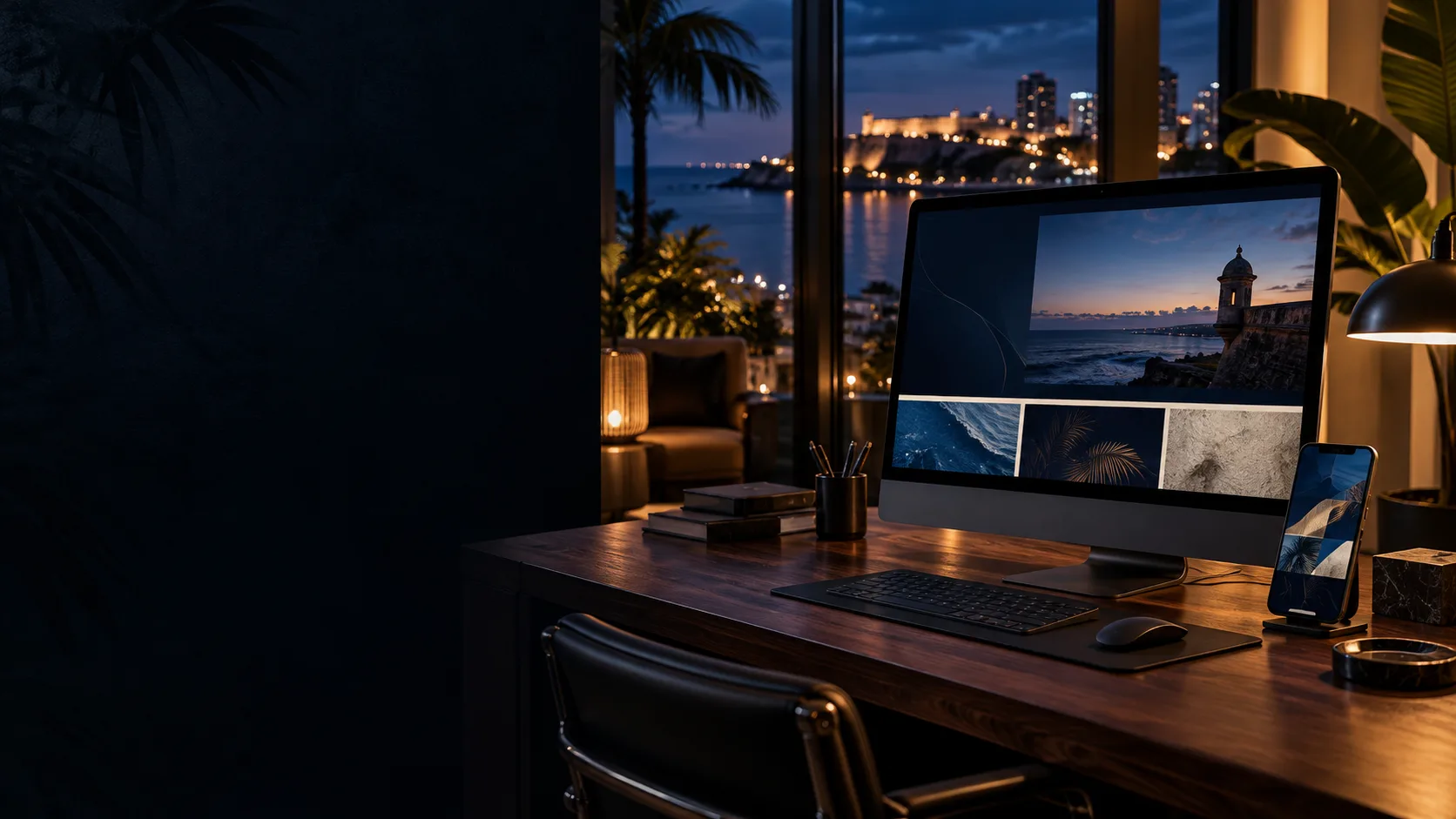 Ilustración conceptual de un estudio de diseño digital en Puerto Rico al anochecer